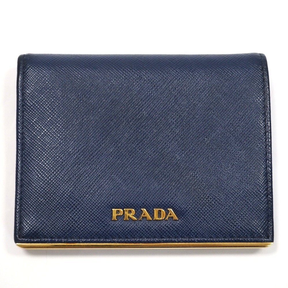 Prada Saffiano Bifold Wallet Blue Gold Hardware